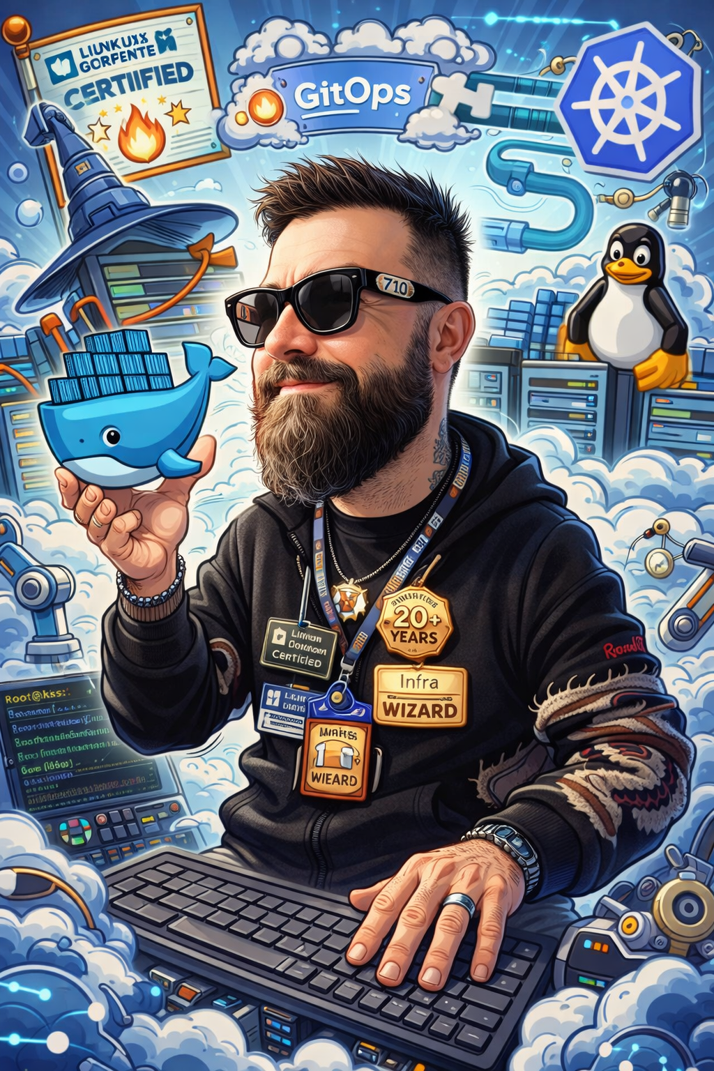 Illustrated portrait of Diego Luisi surrounded by Linux, GitOps, Kubernetes, and cloud-native technology